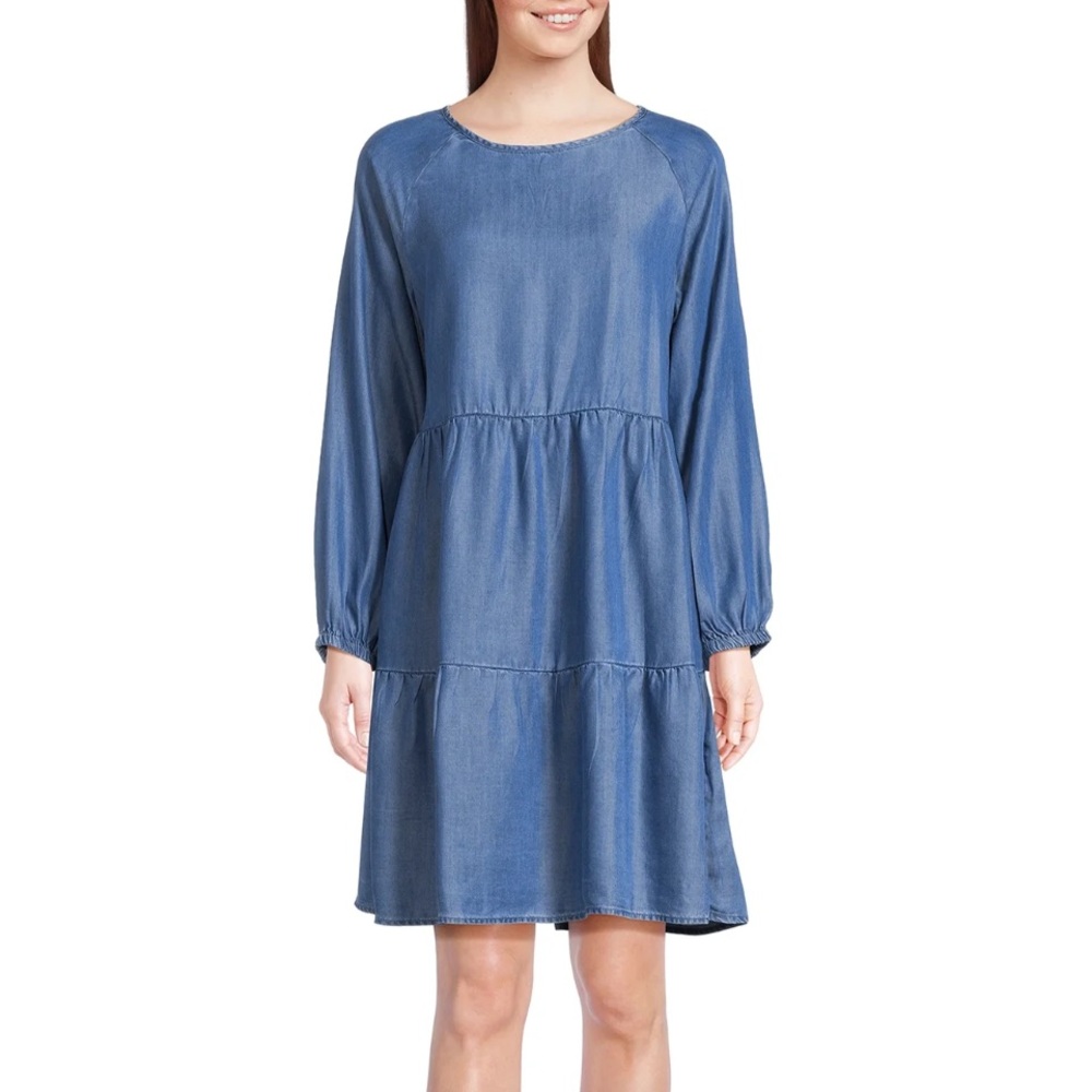 BEACHLUNCHLOUNGE NWT Cottage Office Modest Tiered Long Raglan SLV Blue Dress M